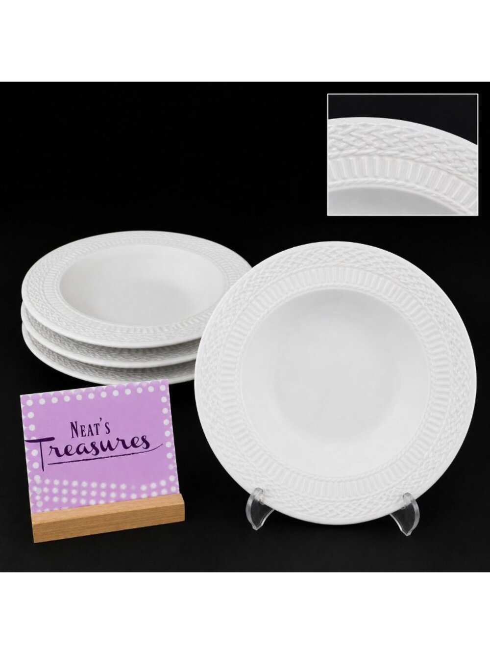 Livingquarters LIQ10 White Embossed Basketweave Rimmed 9" Pasta Soup Bowls Set 4